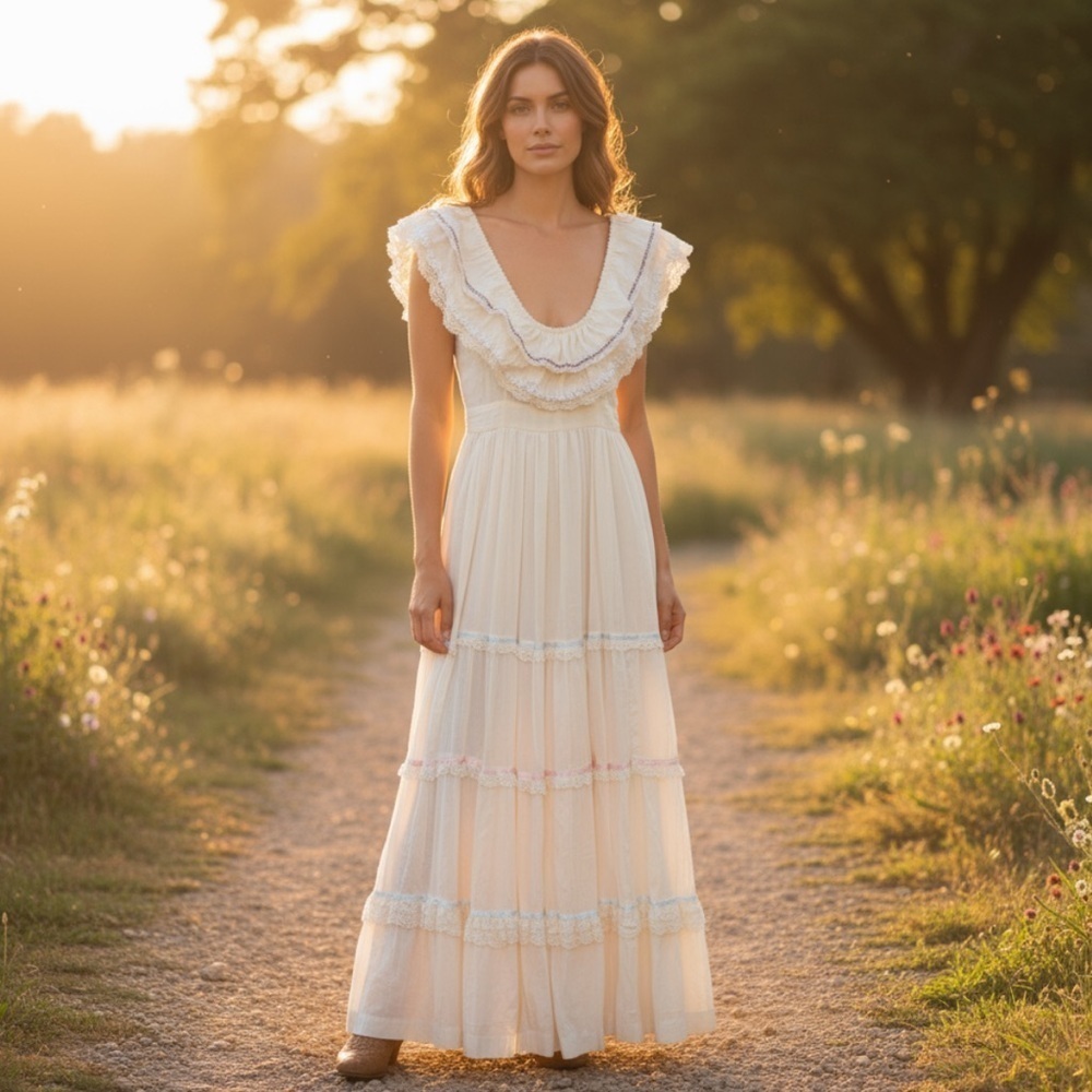 Vintage GUNNE SAX Ruffle Lace Maxi Dress Size 5